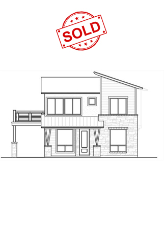 Architectural line drawing of a two-story house with a flat roof and balcony, marked with a red 'SOLD' stamp, symbolizing the successful sale of properties that Garden Home Inspection helps prepare and evaluate.