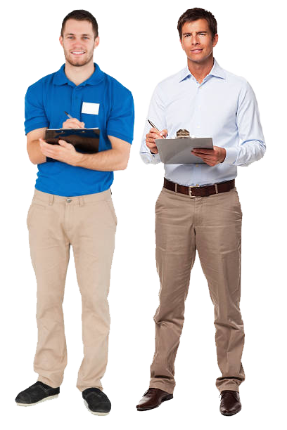 Two professional male inspectors from Garden Home Inspection, one in a blue polo and the other in a button-up shirt, both holding clipboards, represent the type of experienced personnel conducting quality home inspections.